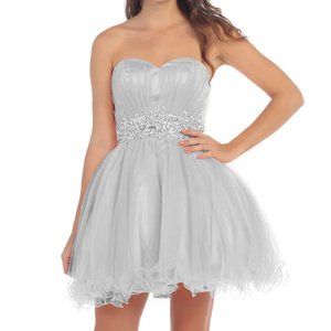 RUFFLED SHORT STRAPLESS DRESS WITH BEADED WAIST BY STAR BOX 598 (SILVER)
